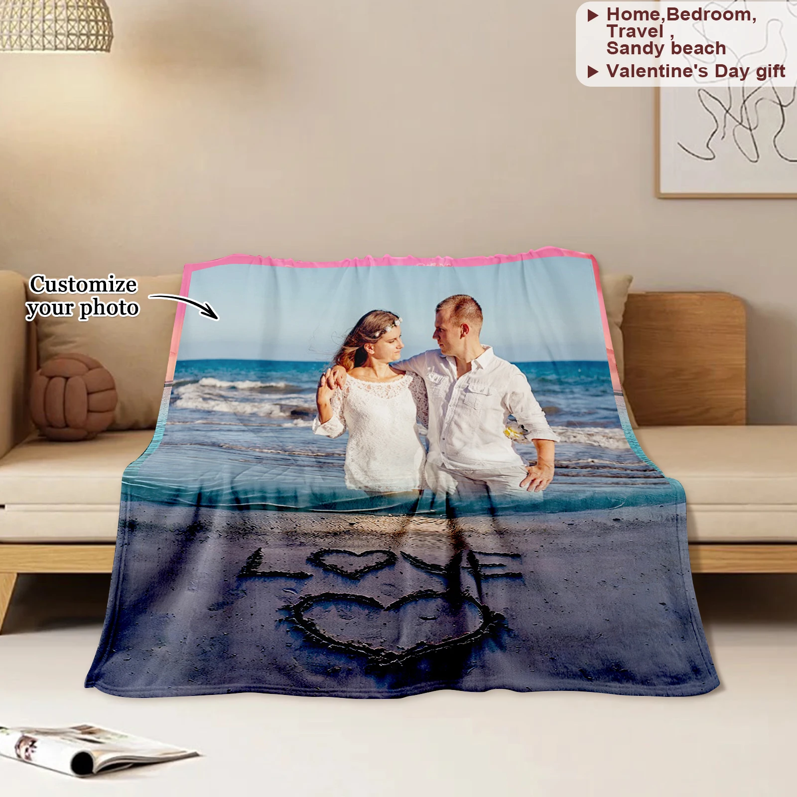 Wave Love Couple Happy Customized Blanket Framing Couple Smile Valentine's Day Gift Memorial Day Gift Sofa Beach Available