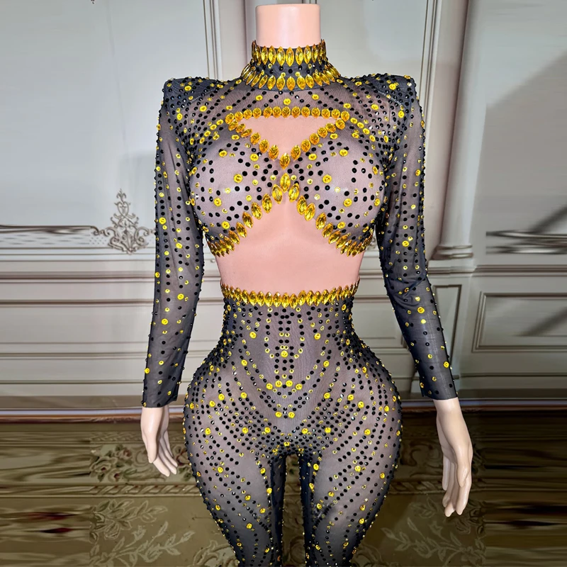 Black Gold Rhinestones Mesh Jumpsuit Women Party Gogo Dancer Costume Bar Nightclub Ds Dj Festival Outfit Stage Pole Wear XS9814