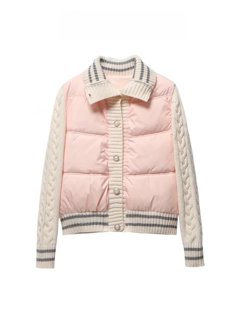 

Розовый вязаный лоскутный пуховый хлопковый джет, женское зимнее пальто с воротником-стойкой и хлопковой подкладкой, дизайн Sli