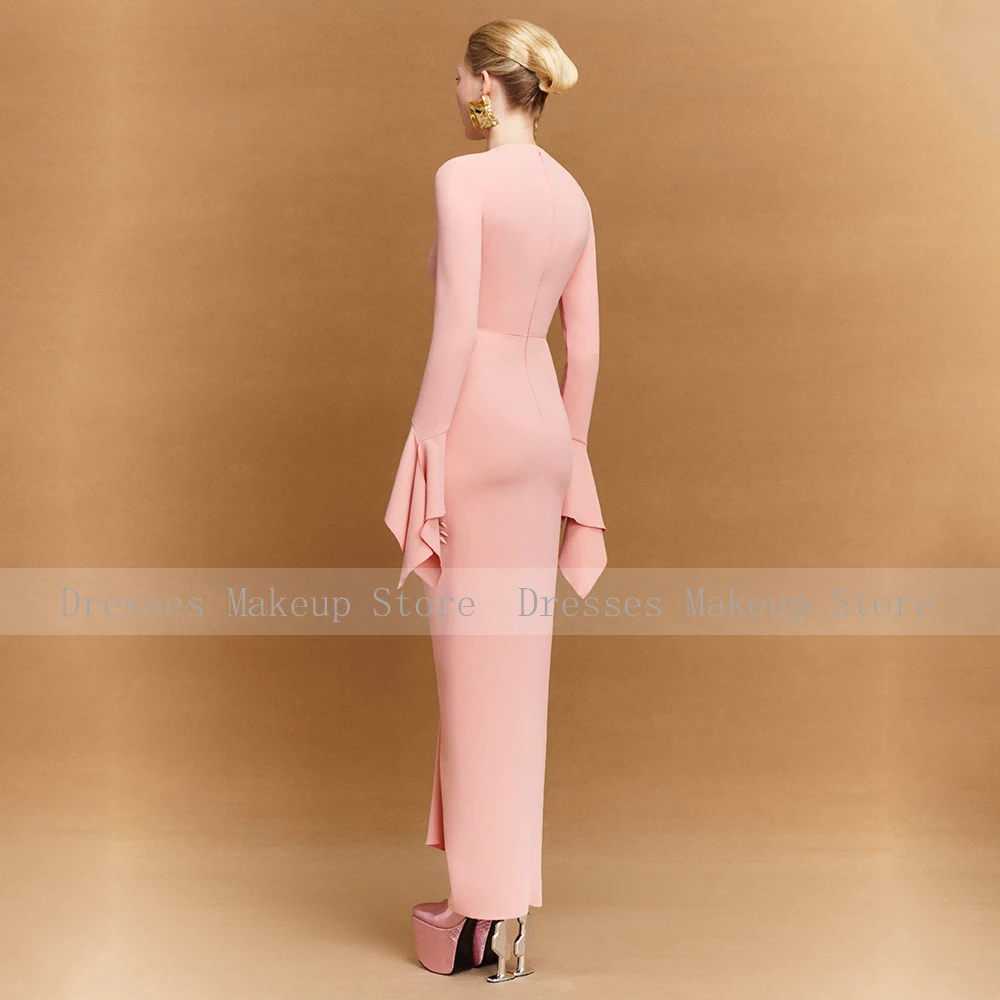 Pink Evening Dress Maxi O Neck Long Sleeves Ruffle Sheath Modest Evening Gowns for Women 2025 Column Formal Party Dresses image 2