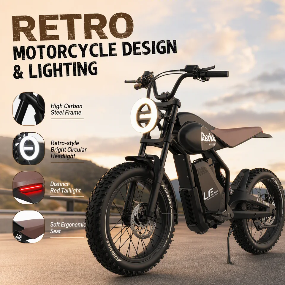 Likebike 1500W Peak Electric Bike, 20" Fat Tire All-Terrain Ebike for Adults, 28MPH Full Suspension Hydraulic Brakes, 48V 15Ah Battery, UL 2849 Retro Moped image 5