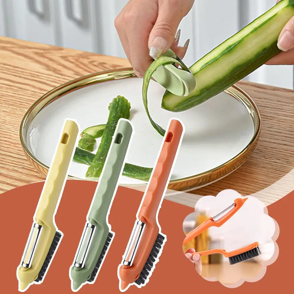 Kitchen Scrubber Tool,Veggies Scrub Brush,Handle Dish Wash Veggie Multifunctional With Peeler Gadgets Brush Kitchen Scrubbe U8I6