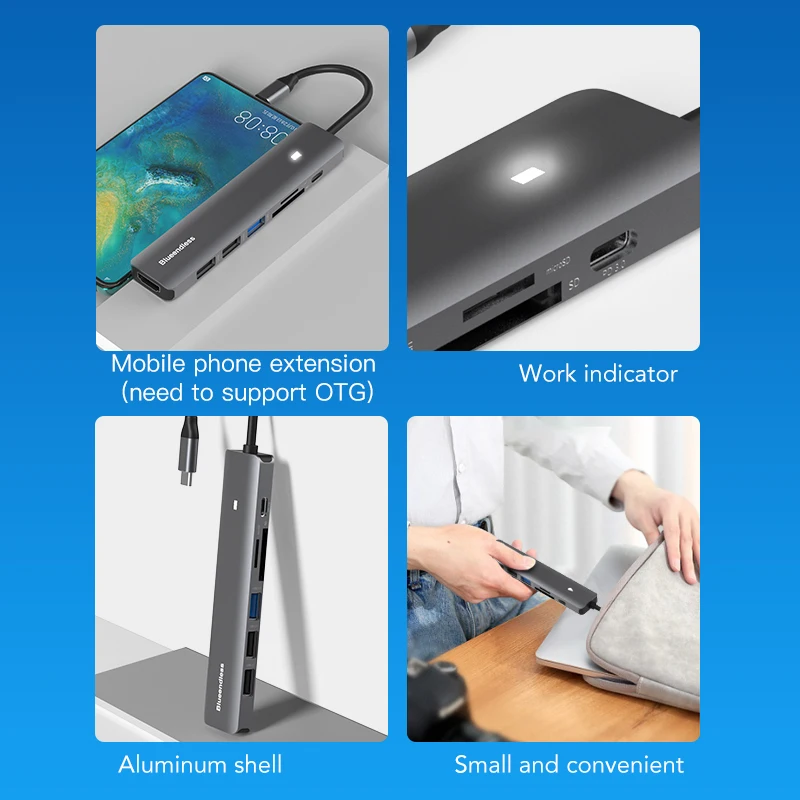 Blueendless Type-C Hub USB 3.0 4K عرض ميناء 100 واط PD 4K HD شحن قارئ بطاقة محول للكمبيوتر المحمول ماك بوك برو