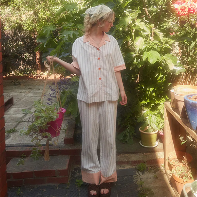 

Y2k Women's Striped Pajama Set Lapel Neck Long Sleeve Button-Up Tops Elastic Waist Long Pants Two Piece Spring Summer Lounge Set
