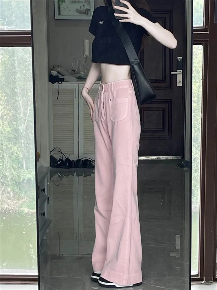 High Waist Slightly Raglan Jeans Women's Autumn New Little Man Design Sense Straight Tube Wide Leg Flare Pants High Street Ins