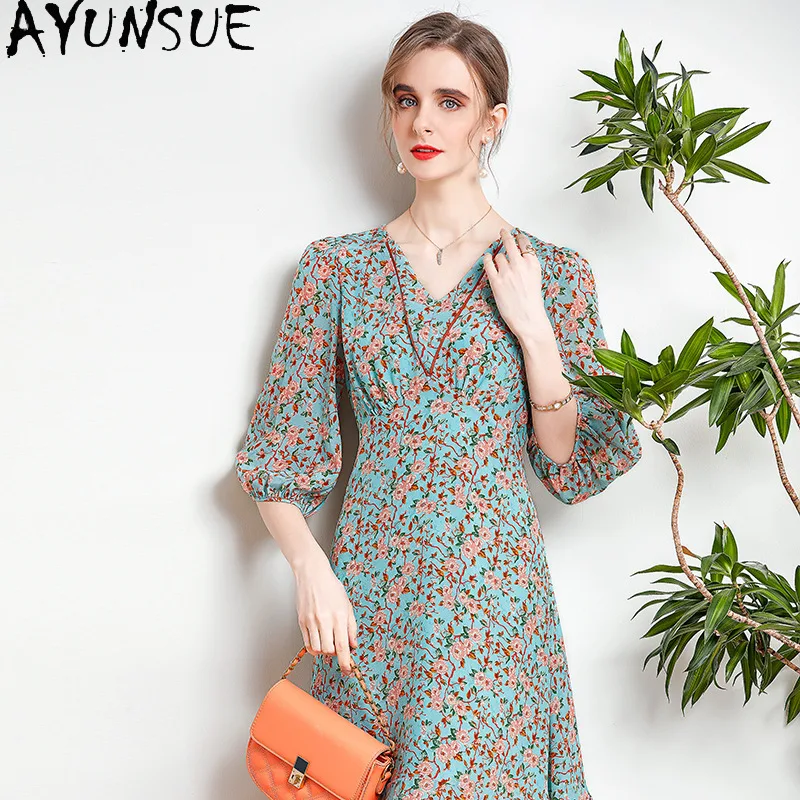 AYUNSUE-vestido de seda de morera para mujer, ropa con estampado elegante, moda de verano, francés, 100%