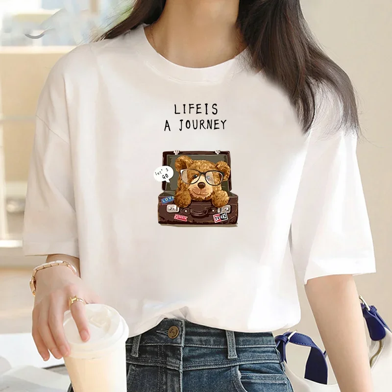 

Women Cotton T-shirt Suitcase Bear Cartoon Short-Sleeve Top Harajuku Graphic 90s Printed T-shirt Fashion Aesthetic Top T-shirt