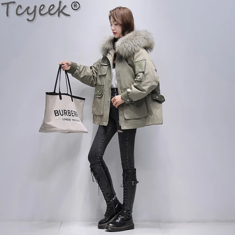 

Tcyeek 2023 Raccoon Dog Fur Collar Winter Jacket Elegant Women's Parka Warm Rex Rabbit Fur Liner Coat Woman Clothes Fashion