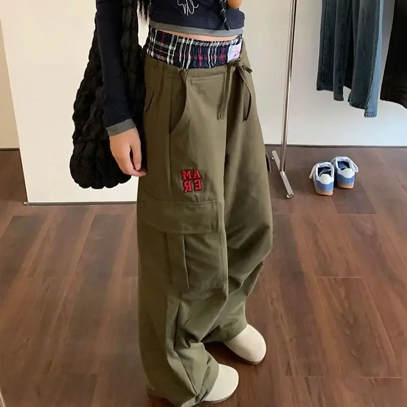 Deeptown Vintage Plaid Patchwork Cargobroek Vrouw Koreaanse Mode Casual Baggy Sportbroek America Retro Wijde Pijpen Pantalones