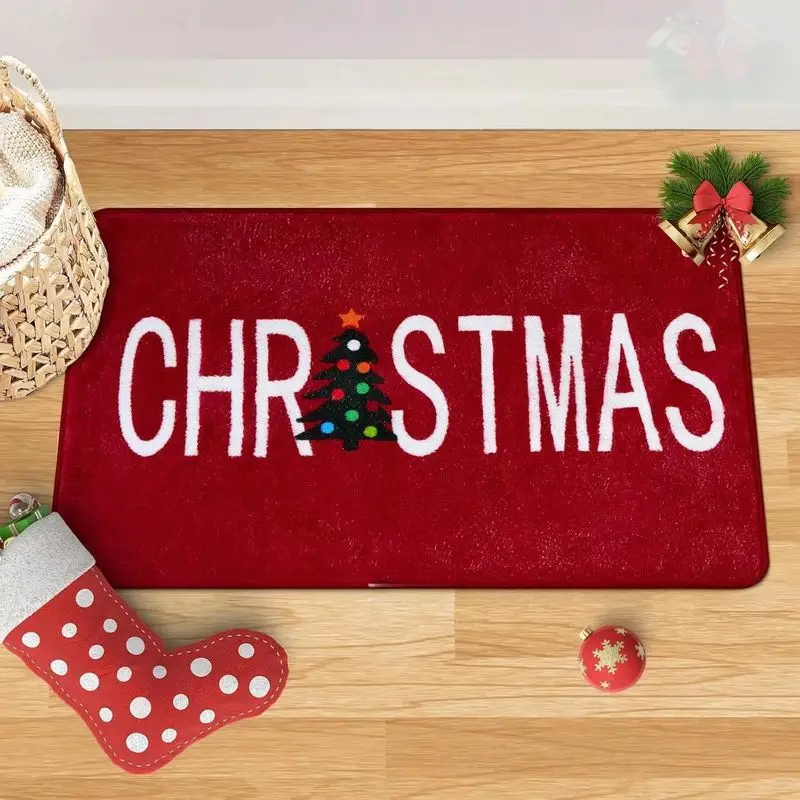 VIKAMA Merry Christmas Doormat Red Snowflake Text Pattern Non Slip Entrance Rug Xmas Holiday Floor Mat Front Door Indoor Outdoor