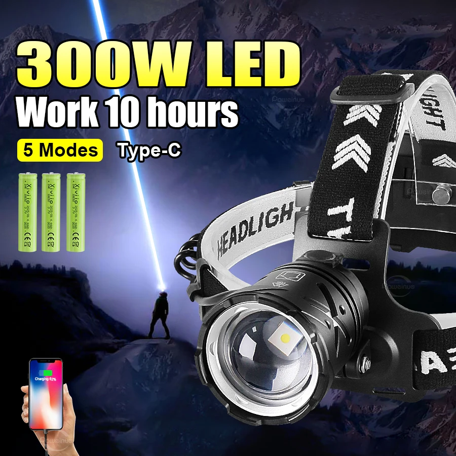 أحدث مصباح رأس ليزر فائق السطوع قابل للشحن عبر USB مع تكبير/تصغير، مصباح أمامي عالي القوة للتخييم والصيد والإضاءة