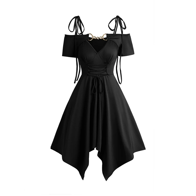 Dressfo 2025 Vestidos negros para mujer, vestido asimétrico con cordones y hombros descubiertos, vestido de manga corta de Color sólido con cadena en el hombro y nudo