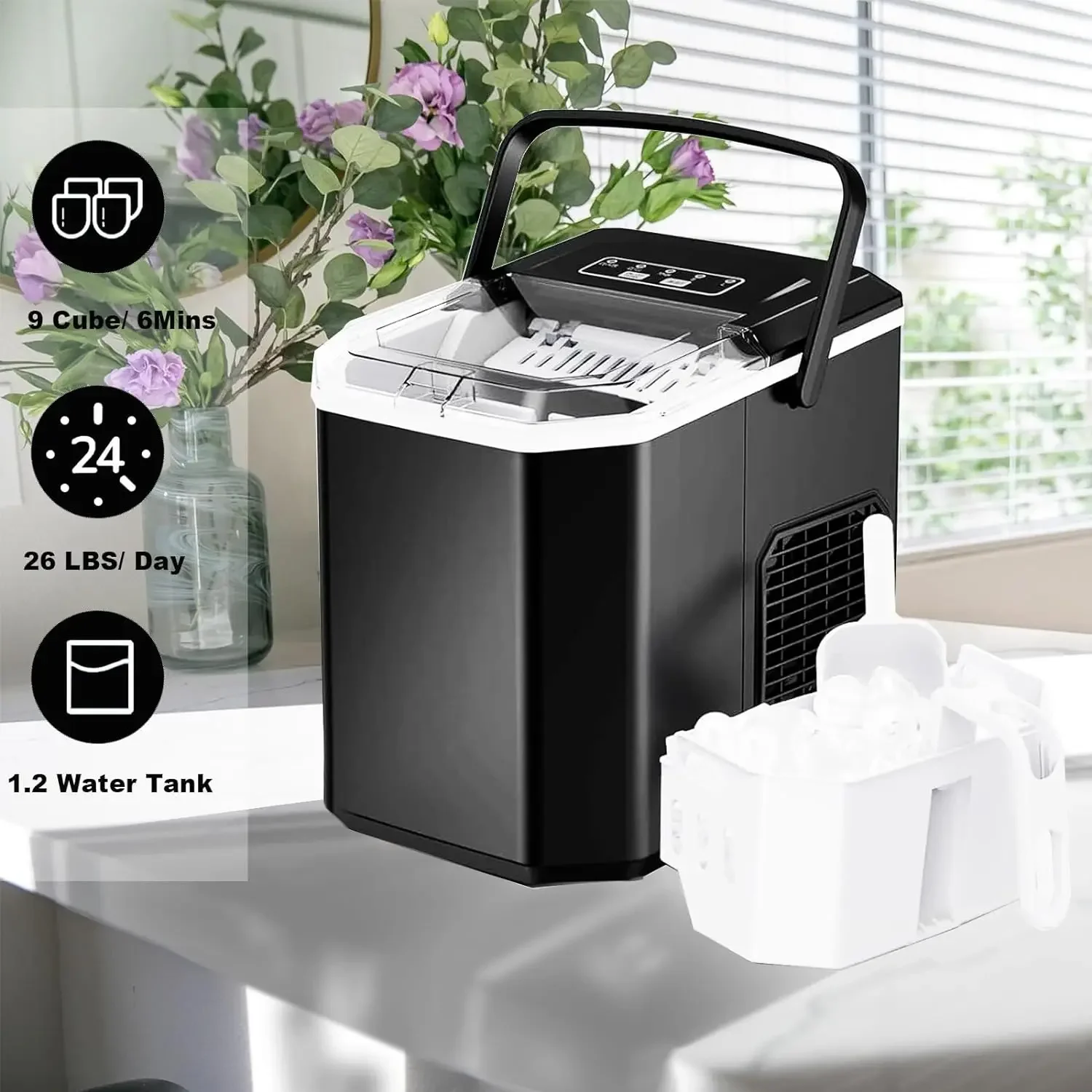 Portable Countertop Ice Maker with Convenient Carry Handle, Efficient Self-Cleaning Ice Machine Includes Basket and Scoop, Produ