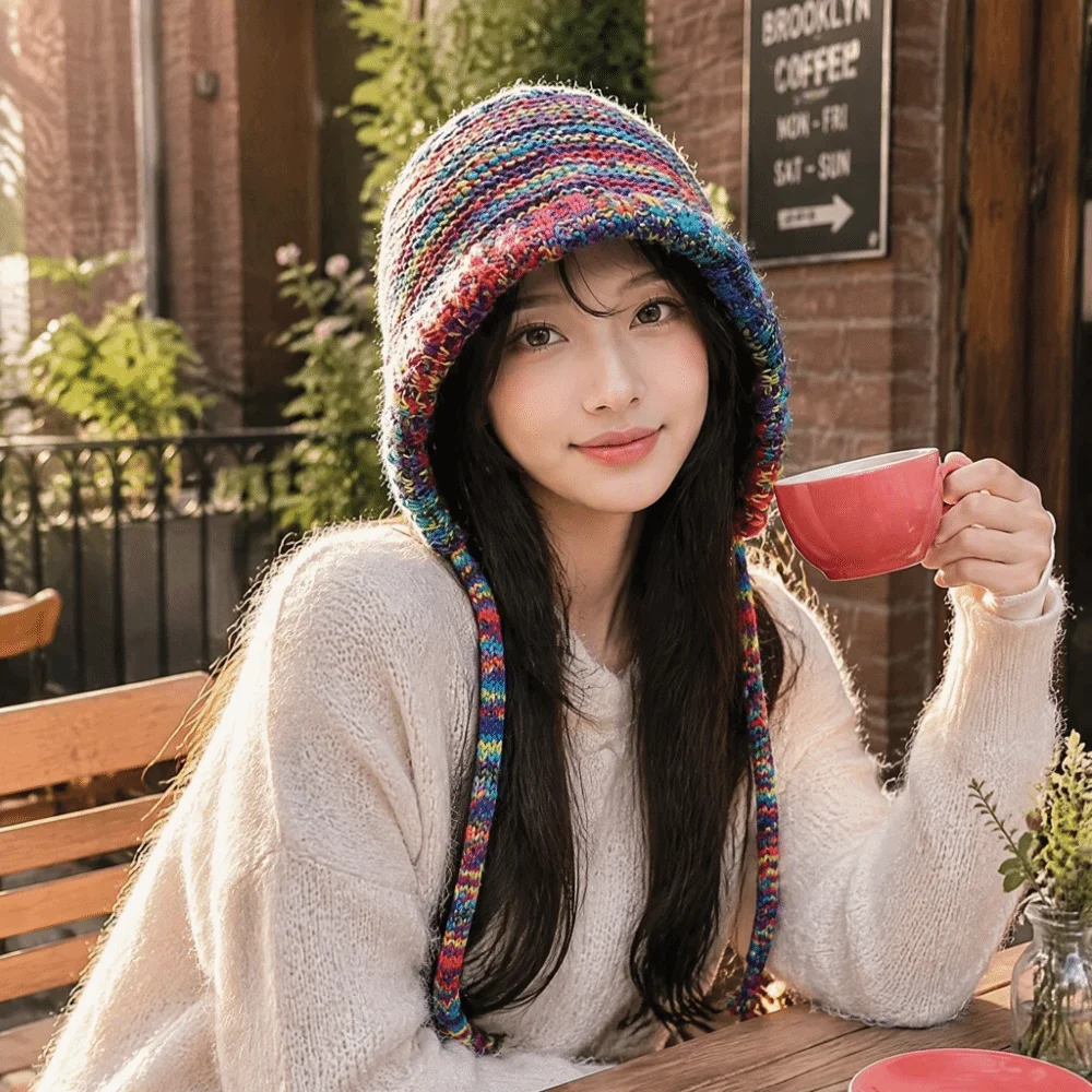 Rainbow Striped Knitting Beanie Hat Gradient Wool Handmade Crochet Crochet Cap Thick Knit Soft Fabric Stripe Beanie Hat