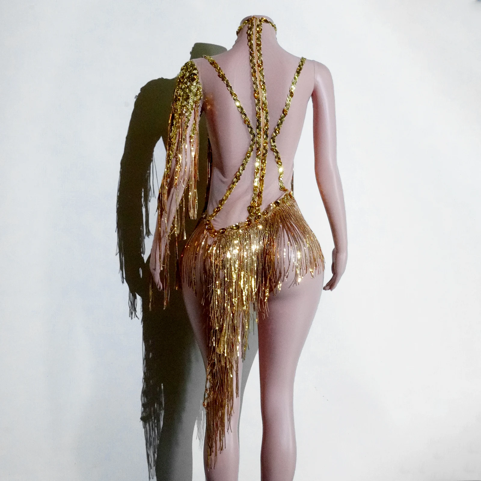 Seksowna, siateczkowa, prześwitująca, złota sukienka na jedno ramię z dżetami, sukienka do tańca, dla piosenkarki, z frędzlami, trykot, spódnica na imprezę, strój sceniczny na urodziny.