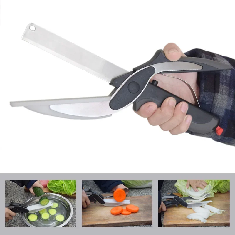 Tesoura de Cozinha Tábua de Corte Frutas e Vegetais Chopper Tesoura Multifuncional em Aço Inoxidável