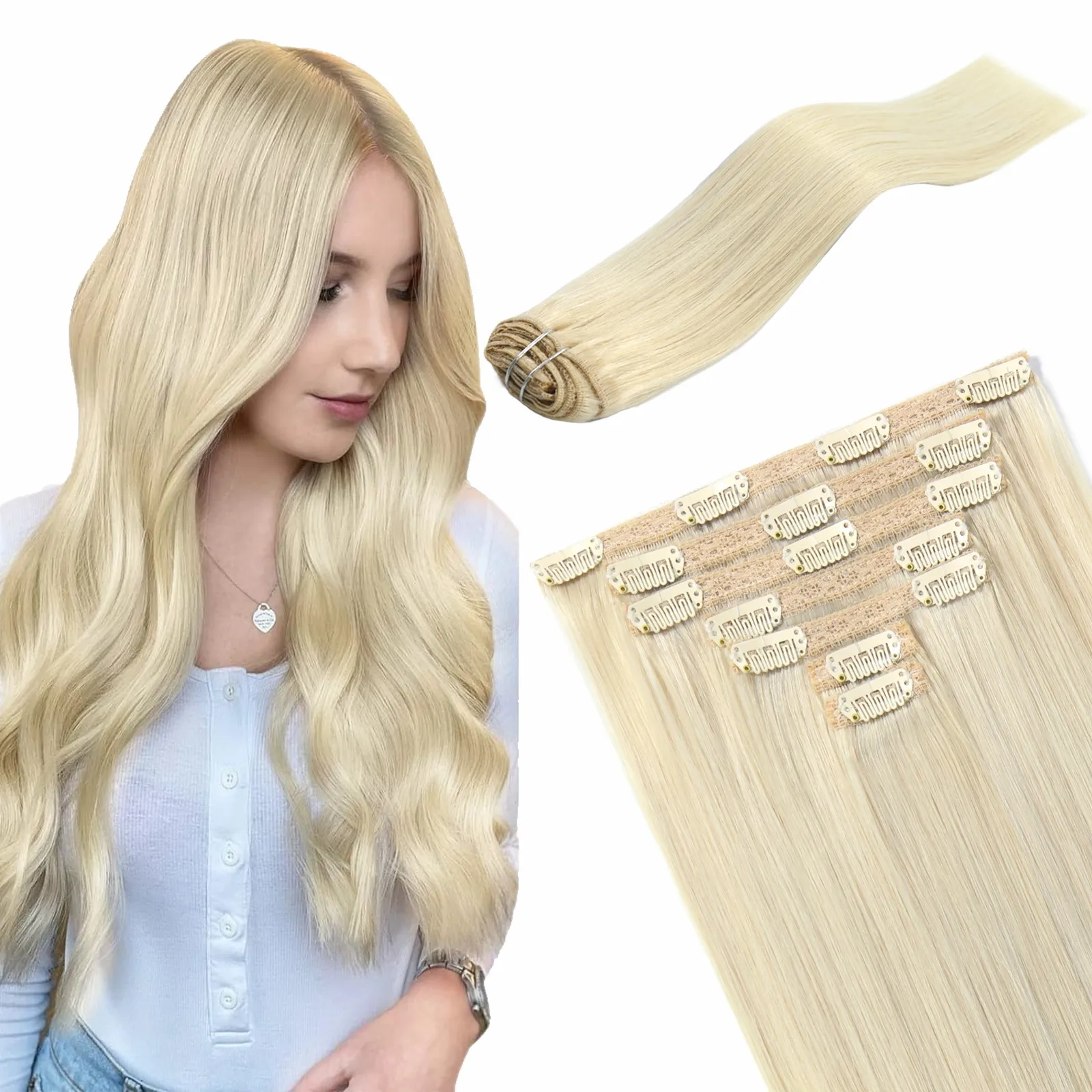 

Wholesale Double Drawn Invisible Clip in Human Hair Extension Raw Remy Brazilian Hair Clip in