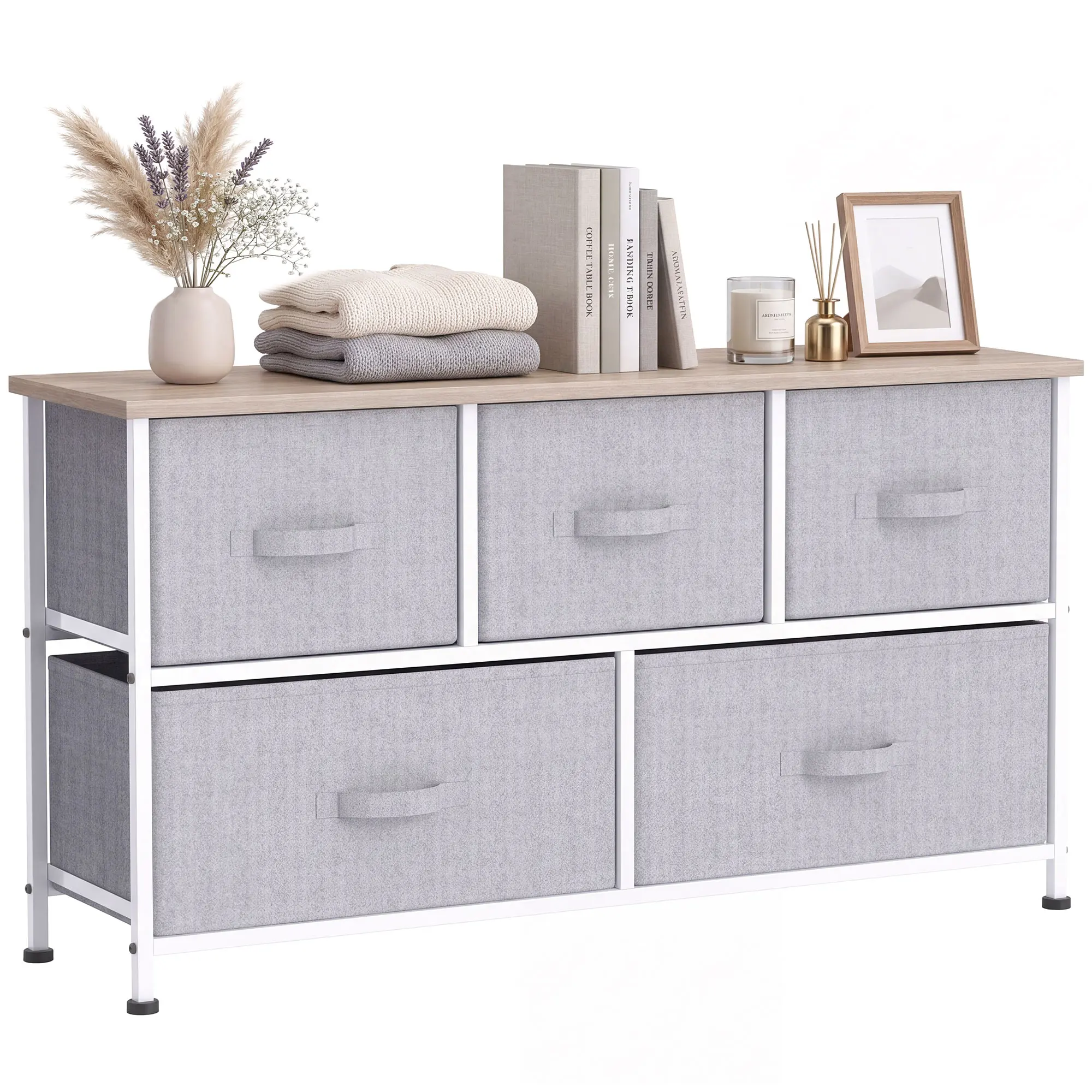 HOMCOM Cómoda con 5 Cajones de Tela, Cómoda para Dormitorio, Marco Metálico, Cajonera para Salón, Oficina, Vestidor, Gris