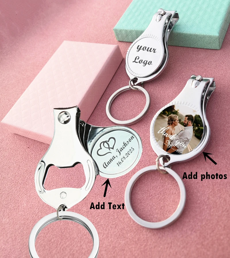 50/100pcs Personalized Logo Wedding Souvenir Favors Gifts Bottle Opener  Birthday Party Keychain Text/Nail Clippers Custom Photo