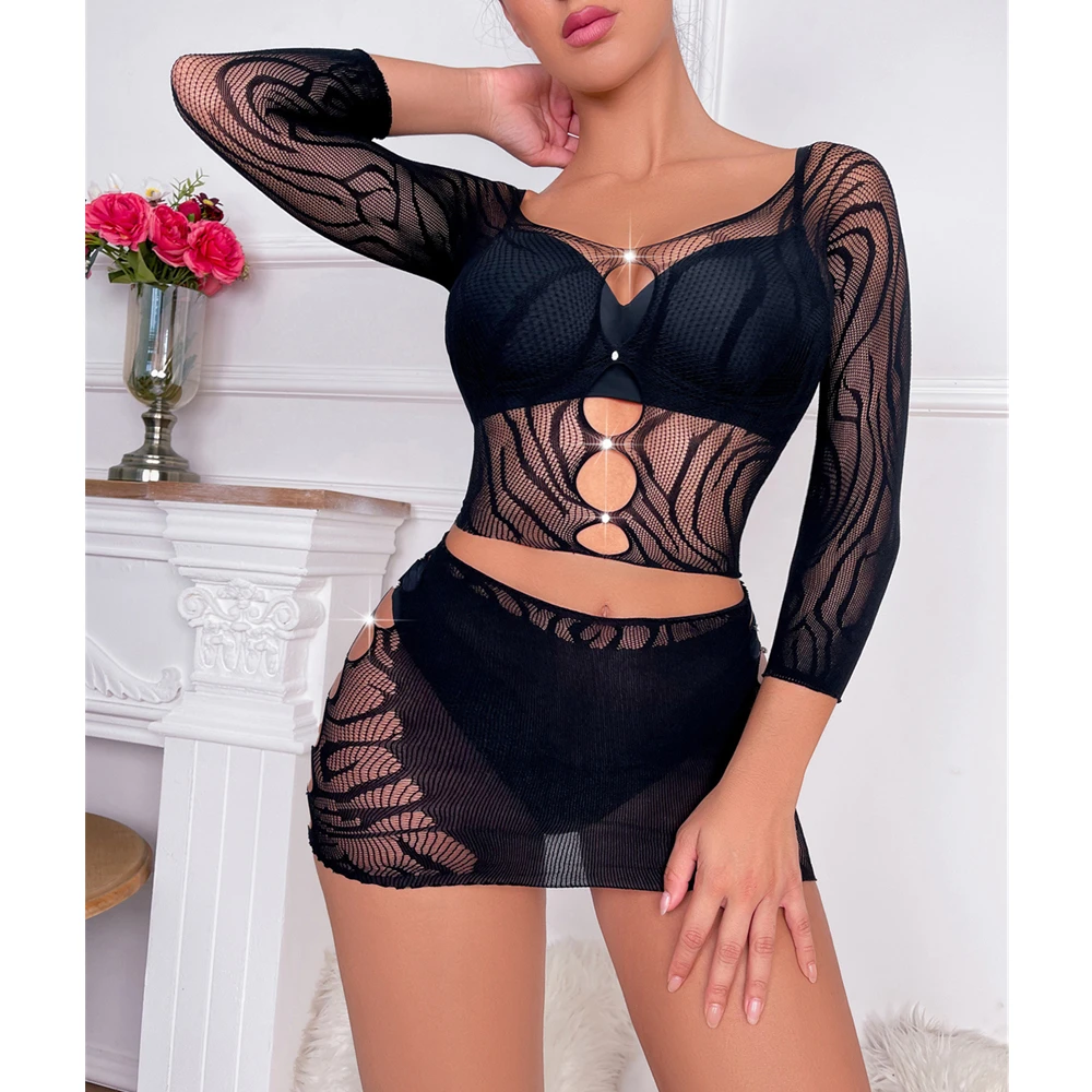 2023 New Fishnet Elasticity Dress Women's Sexy Mesh Hollow Out See Through Bodycon Lingerie Erotic Transparent Mini Dresses