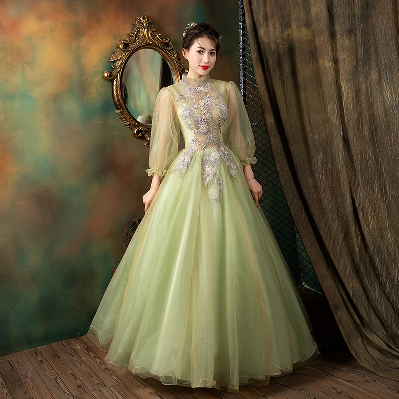 Gaun Quinceanera leher tinggi, gaun pesta Tule klasik dengan ilusi, Applique renda elegan sederhana Puffy