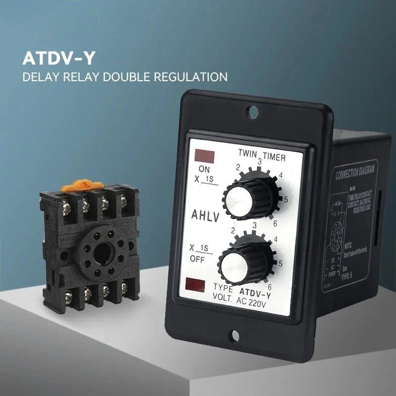 ATDV-Y Dual Time Relay Adjustable Repeat Cycle Timer ON OFF 3S/6S/12S/30S/60S/3M/6M/12M/30M/60M 220V Twin Timer With Socket Base