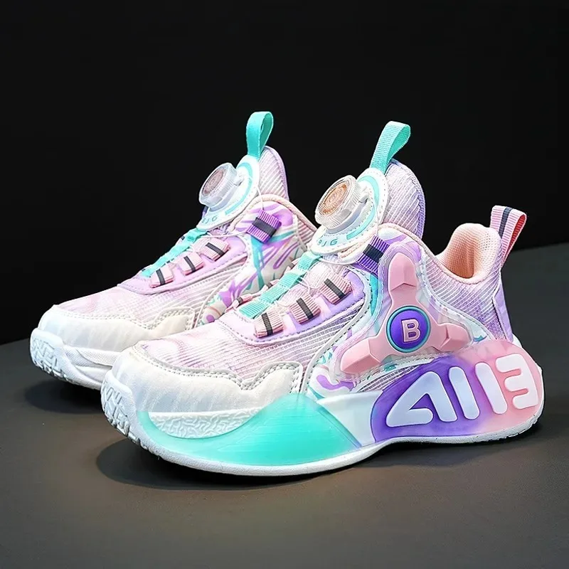 スニーカーガールズカジュアルランニングシューズ軽くて快適な子供テニスシューズ回転ボタンヴァンプトレーナー子供用スニーカー