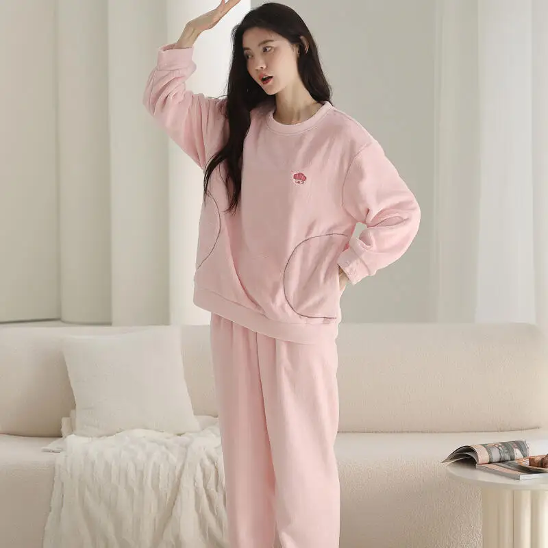

Комплект домашней одежды из кораллового флиса, утепленная пижама, женская свободная фланелевая теплая одежда с капюшоном для отдыха, новый стиль, осень-зима для девочек