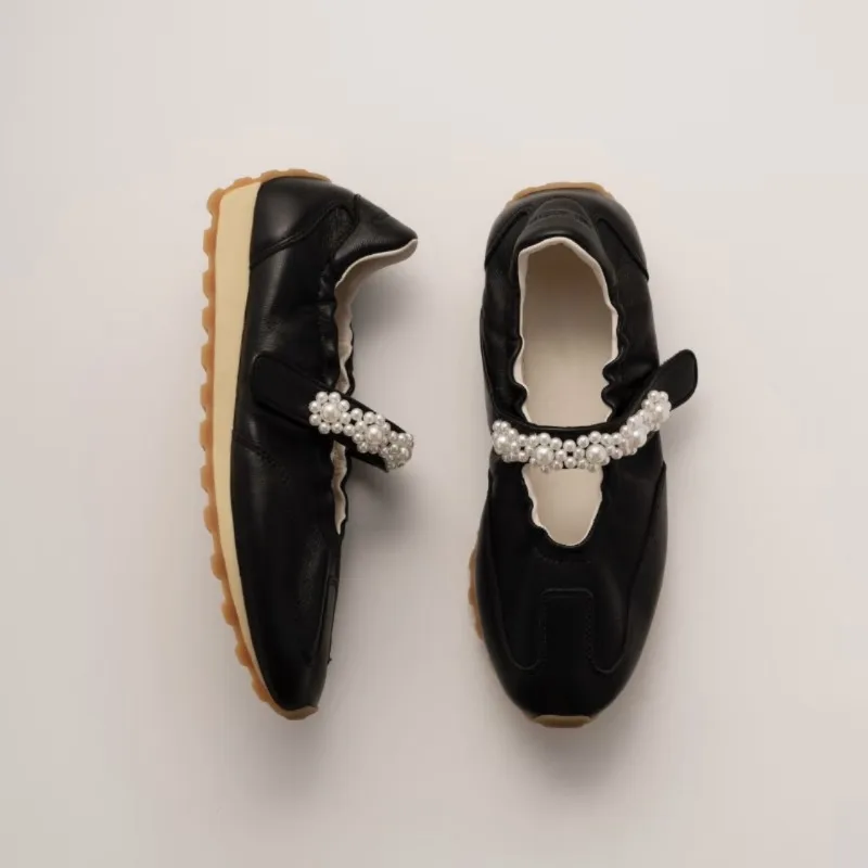 

New Womens Mary Jane Shoes Exquisite Imitation Pearl Casual Shoes for Woman Fashion Ballet Sneakers Designer Shoes Zapatos Mujer