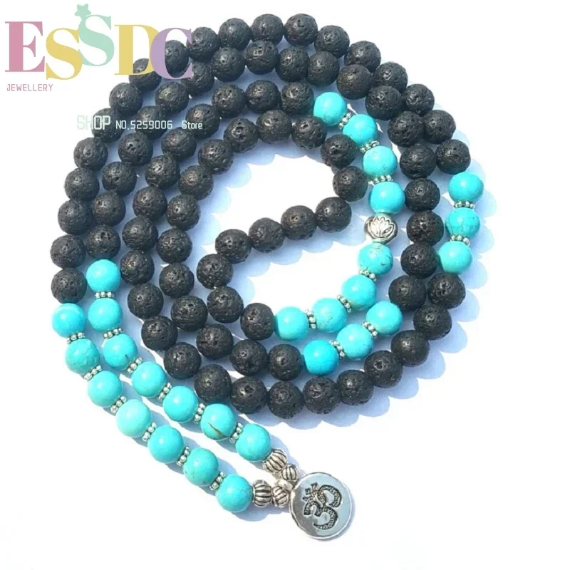 New Design 8mm Natural Black Vocanic  Stone Orchid Pine Lava Rock 108 Mala Long Bracelet or Necklace with OM Pendant Yoga