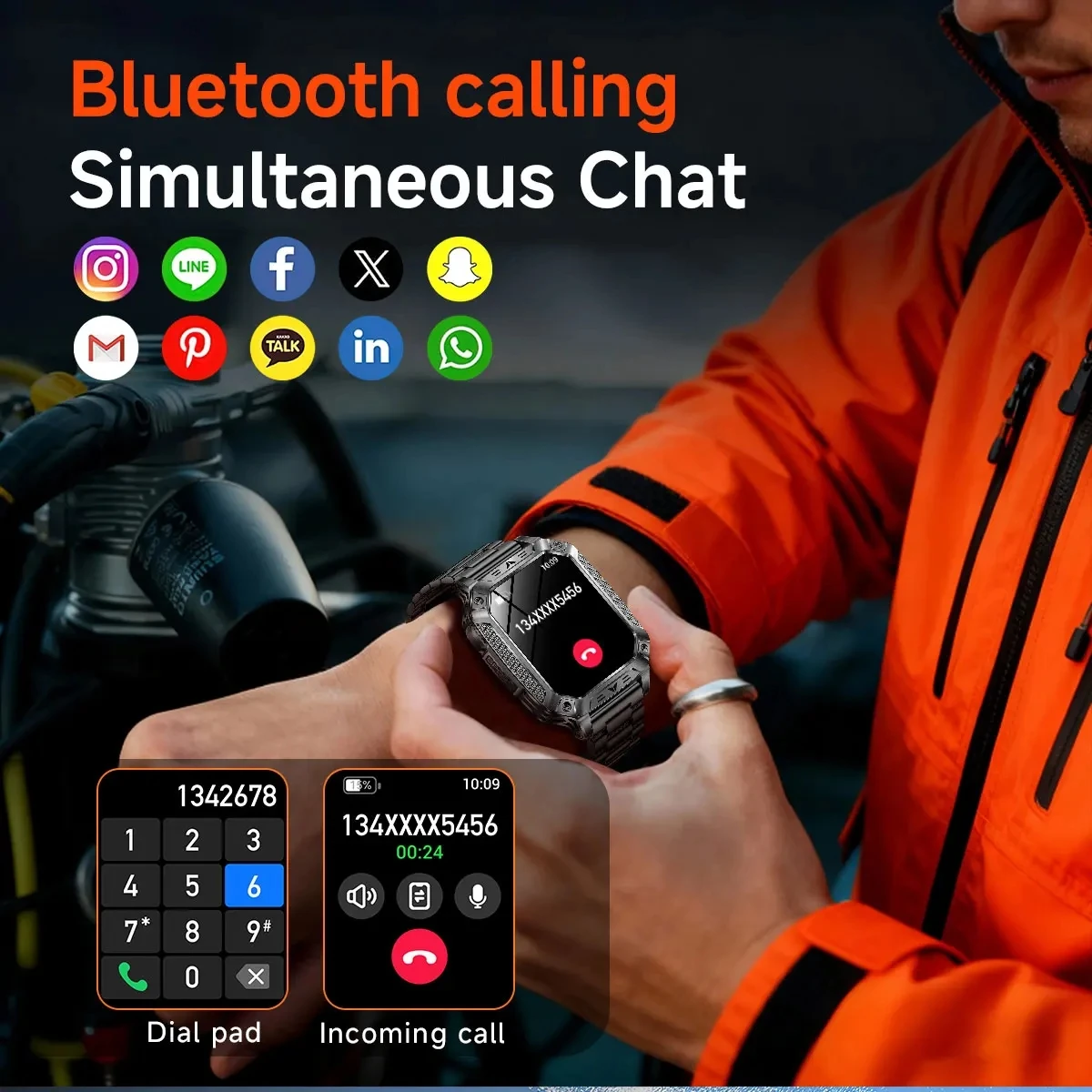 Montre intelligente hommes femmes 1400mAh 2.0 '' écran AMOLED noir bracelet orange Bluetooth appel AI assistant vocal santé sommeil & SpO2 moniteur bracelet IP68 boussole imperméable lampe-torche GPS sport fitness tracker montre intelligente 2026