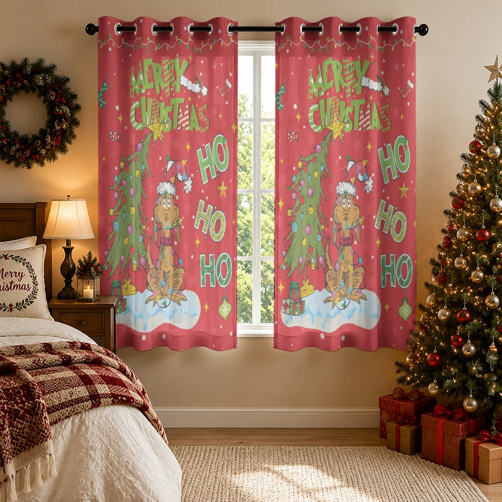 2PCS Red Background Christmas Cartoon Dog Tree Printed Grommet Curtains Double Sided Privacy Window Drapes For Living Room Be