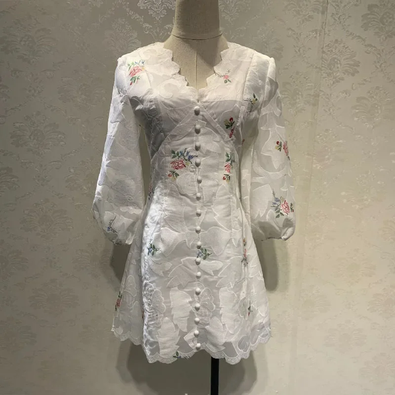 New Fashion 2024 Women Voile Summer Dress V-neck Lantern Sleeve Floral Embroidery White Dress Lace Hollow Out Elegant Mini Dress