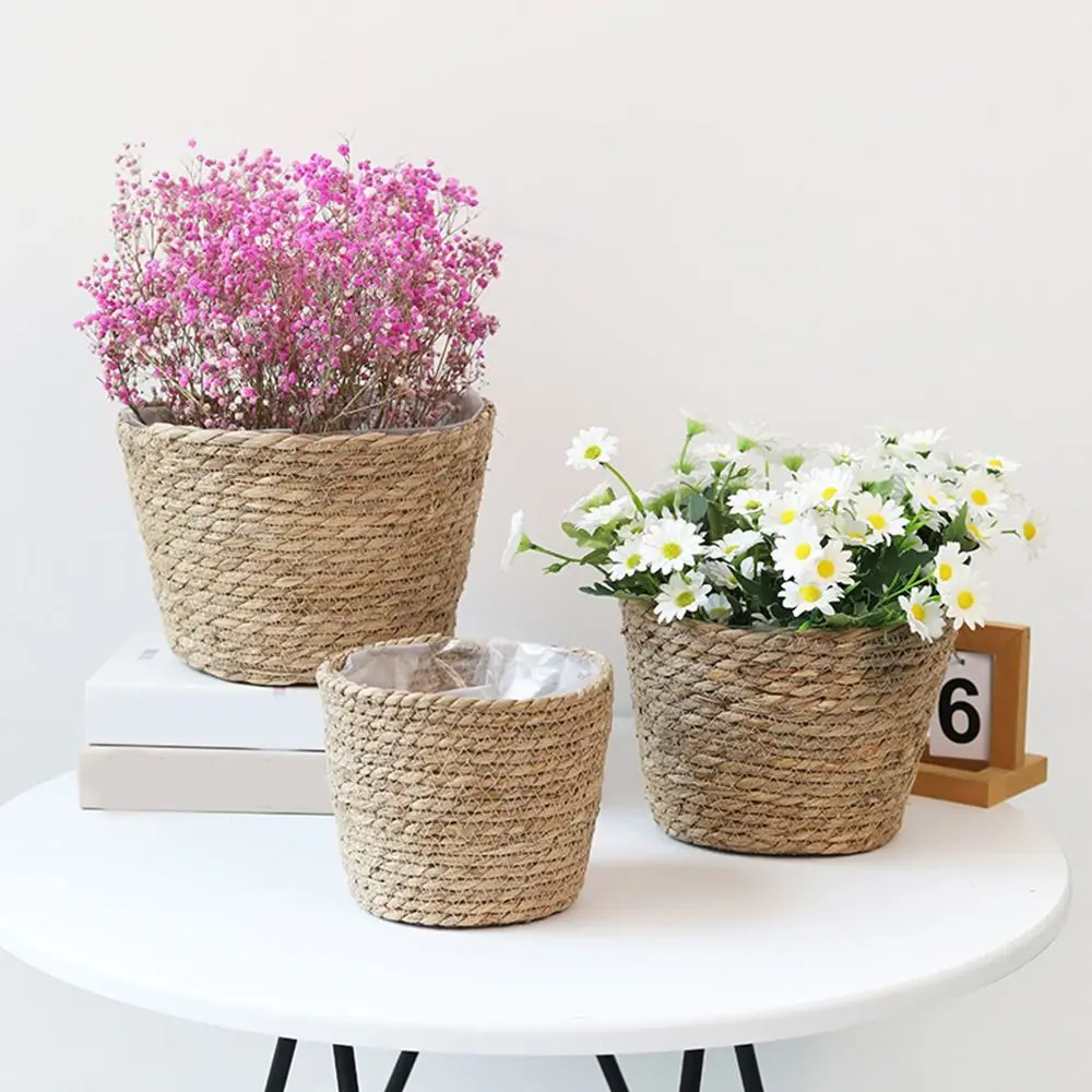 

S/M/L Straw Weaving Flower Plant Pot Decorative Handmade Grass Woven Planter Basket Leakproof Flowerpot Storage Baskets for Home