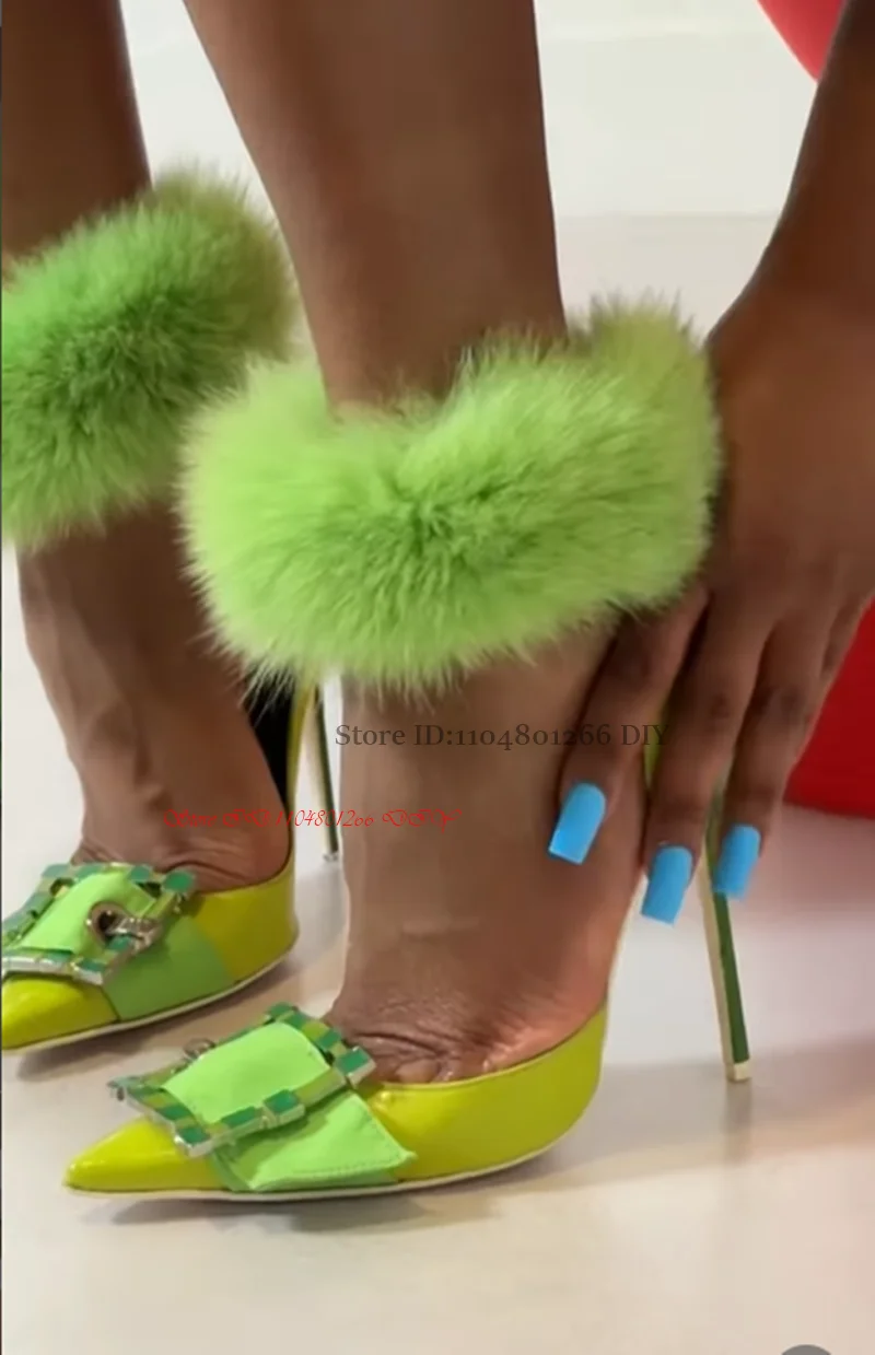 

New Fashion Neon Green Fur High Heels Women Shoes Sexy Thin Stiletto Wedding Shoes Pointed Toe with Buckle Ladies Party Pumps