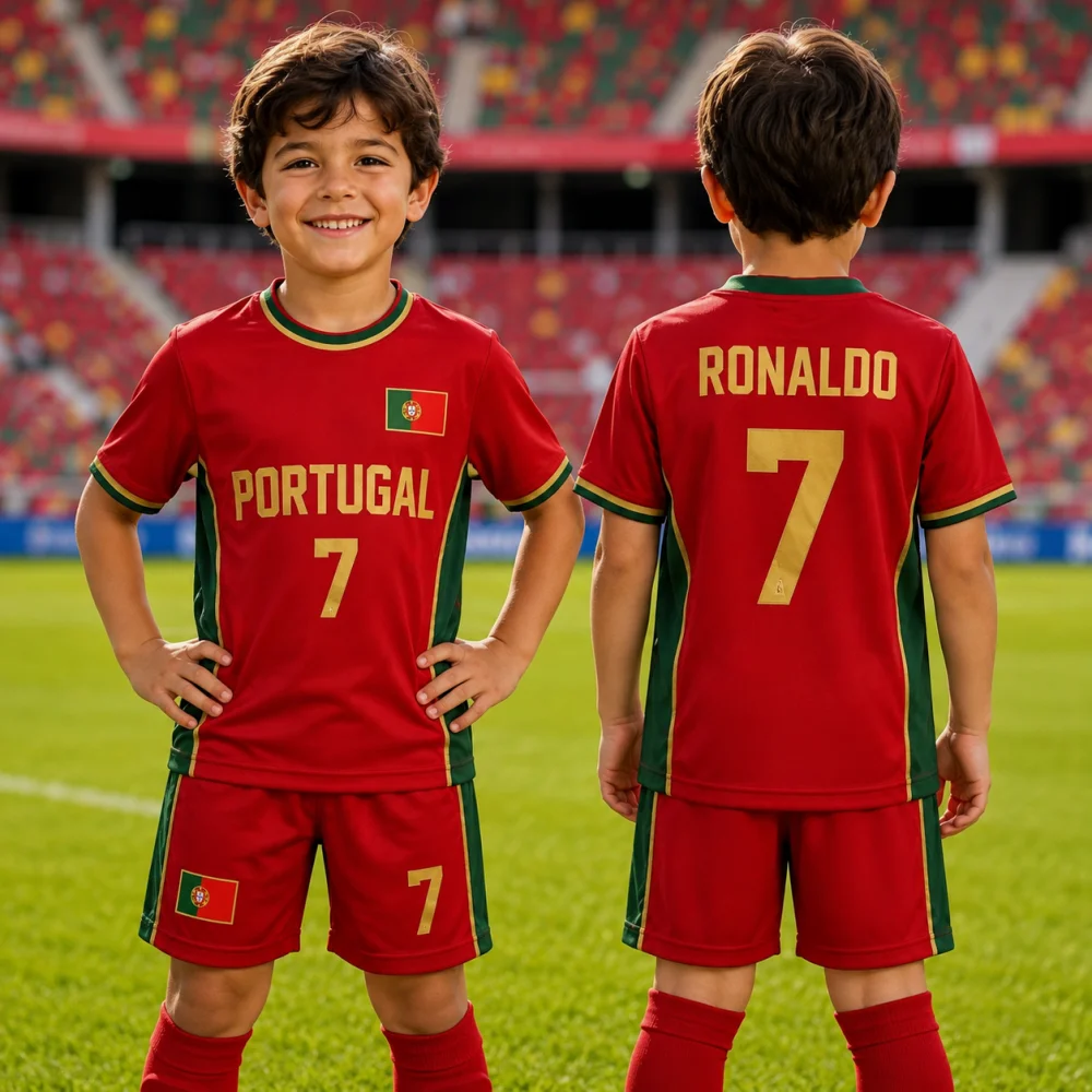 Kinder Ronaldo Nr. 7 Fußballtrikot-Set mit Shorts für Damen und Herren, Harajuku PORTUGAL Fan-Shirt-Shorts-Set, Kinder-Trainingsanzug 2-teiliges Set