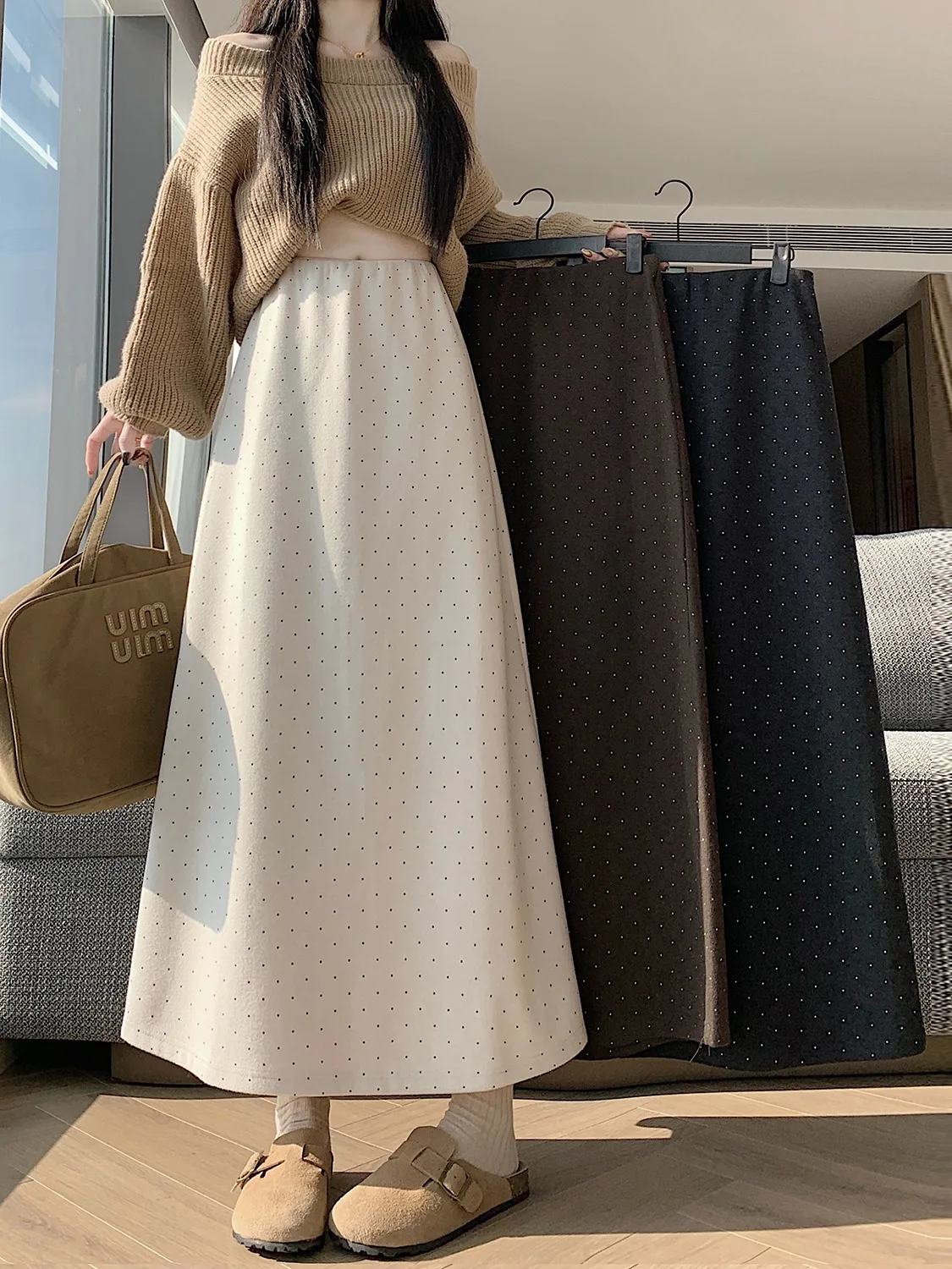 Spódnica damska Thiened, zimowa, w kratę, dzianinowa, z wysokim stanem, o kroju litery A, do pracy, z włókna poliestrowego, z wysokim stanem.