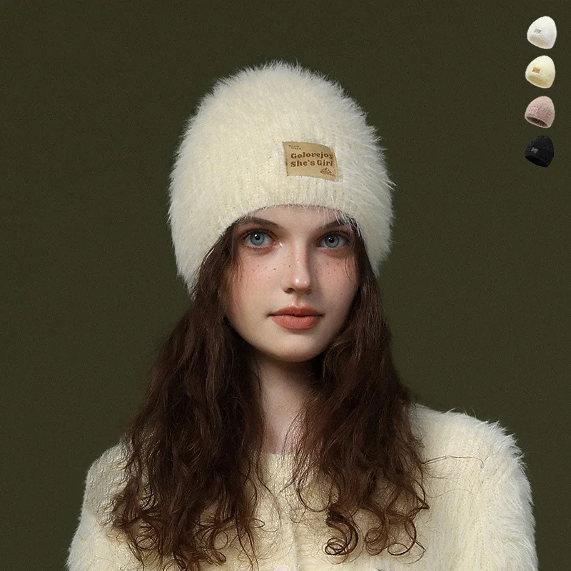 Imitation Mink Knitted Hat for Women Winter Plush Warm Beanie Hats Windproof Ear Protection Woolen Bonnet Korean Cute Skull Cap