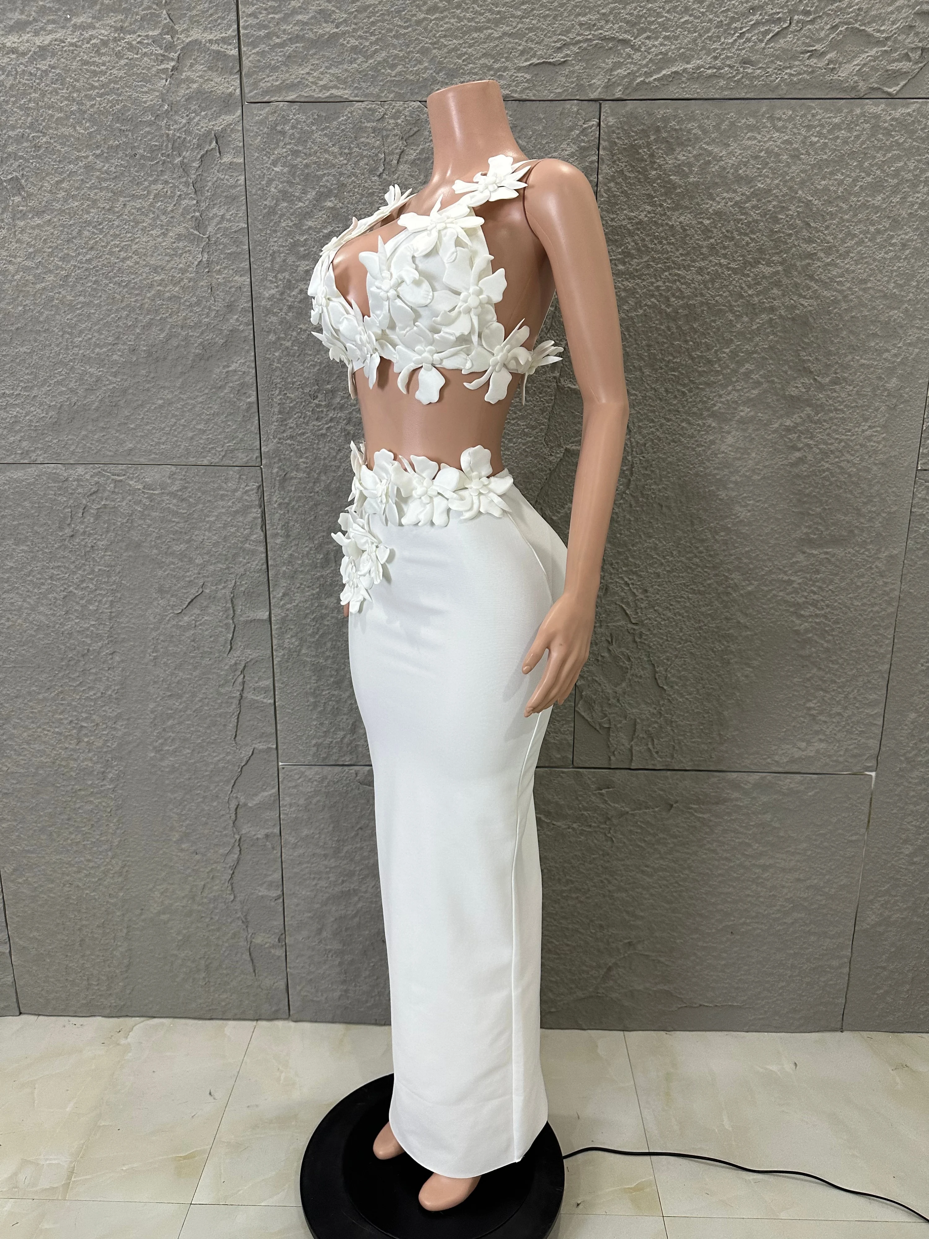 white two piece bodycon dress Xpluswear Design Plus Size Cocktail Party White Round Neck 3/4 Sleeve 3D Bodycon Two Piece Skirt Sets