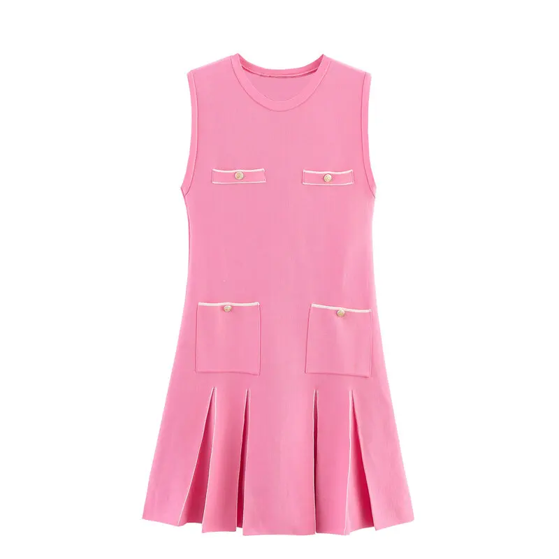 2025年夏新作 レディースファッション ワイドプリーツニット ノースリーブ ラウンドネックワンピース 多用途 通勤用 シングルピース その他素材 00%