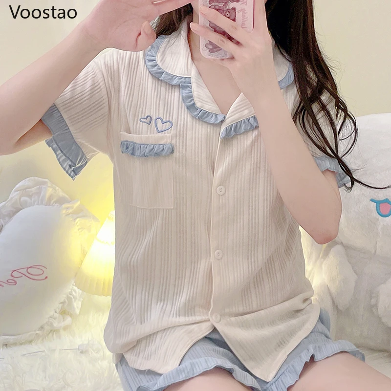 Summer Lolita Style Princess Pajama Sets Women Sweet Heart Embroidery Short Sleeve Tops Shorts Home Wear Girl Harajuku Sleepwear