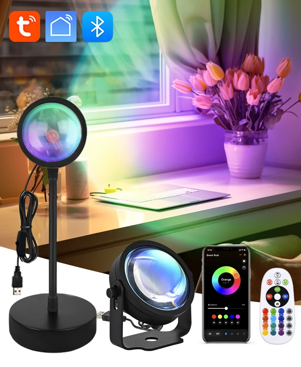 Lámpara de puesta de sol inteligente Tuya, proyector de puesta de sol USB, luz RGB, aplicación remota de vida inteligente para fotografía de habitación, iluminación de decoración de fondo