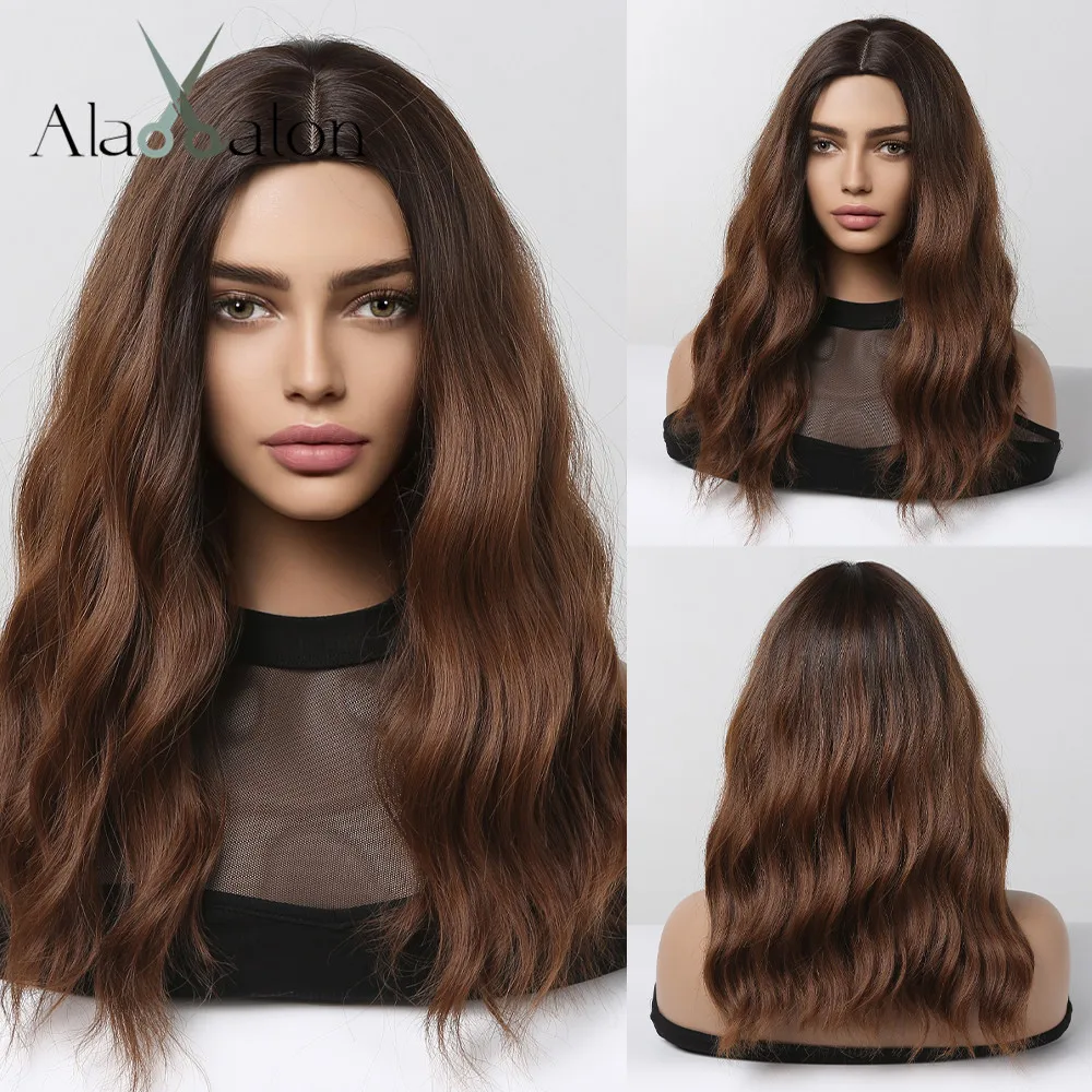 

ALAN EATON Middle Part Ombre Brown Curly Synthetic Wigs Natural Looking Dark Root Wave Wig Women Daily Party Heat Resistant Hair