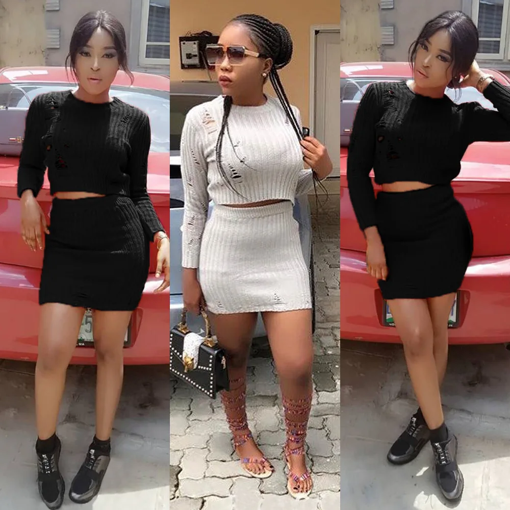 

Sexy Wool Ripped Long-sleeved Short Skirt Two-piece Set Nightclub Women Dresses Clothes