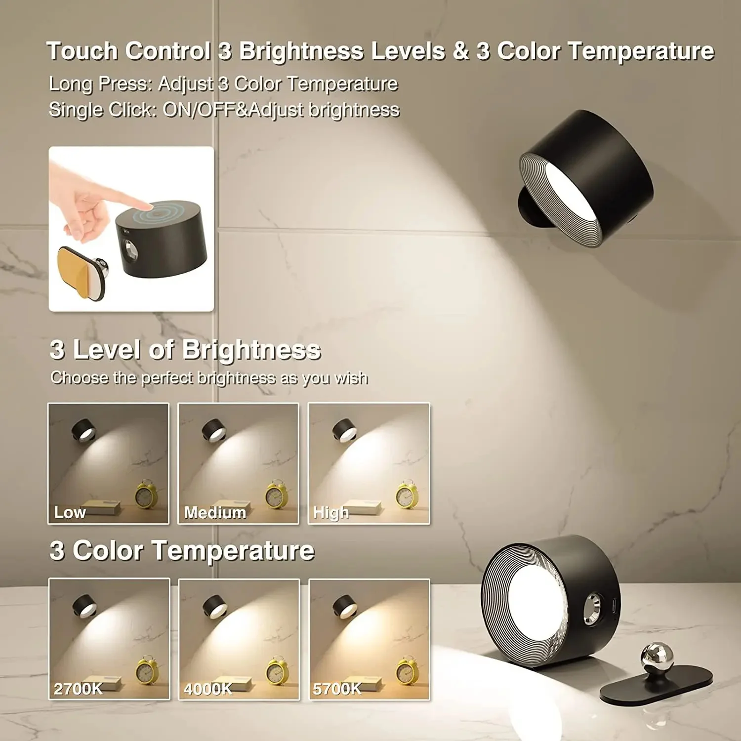 Imagem -02 - Lâmpada de Parede Led Moderna Carga Usb Toque Controlado Modos de Brilho de Níveis Rotação Livre de 360 ° para Quarto Bateria 2000ma