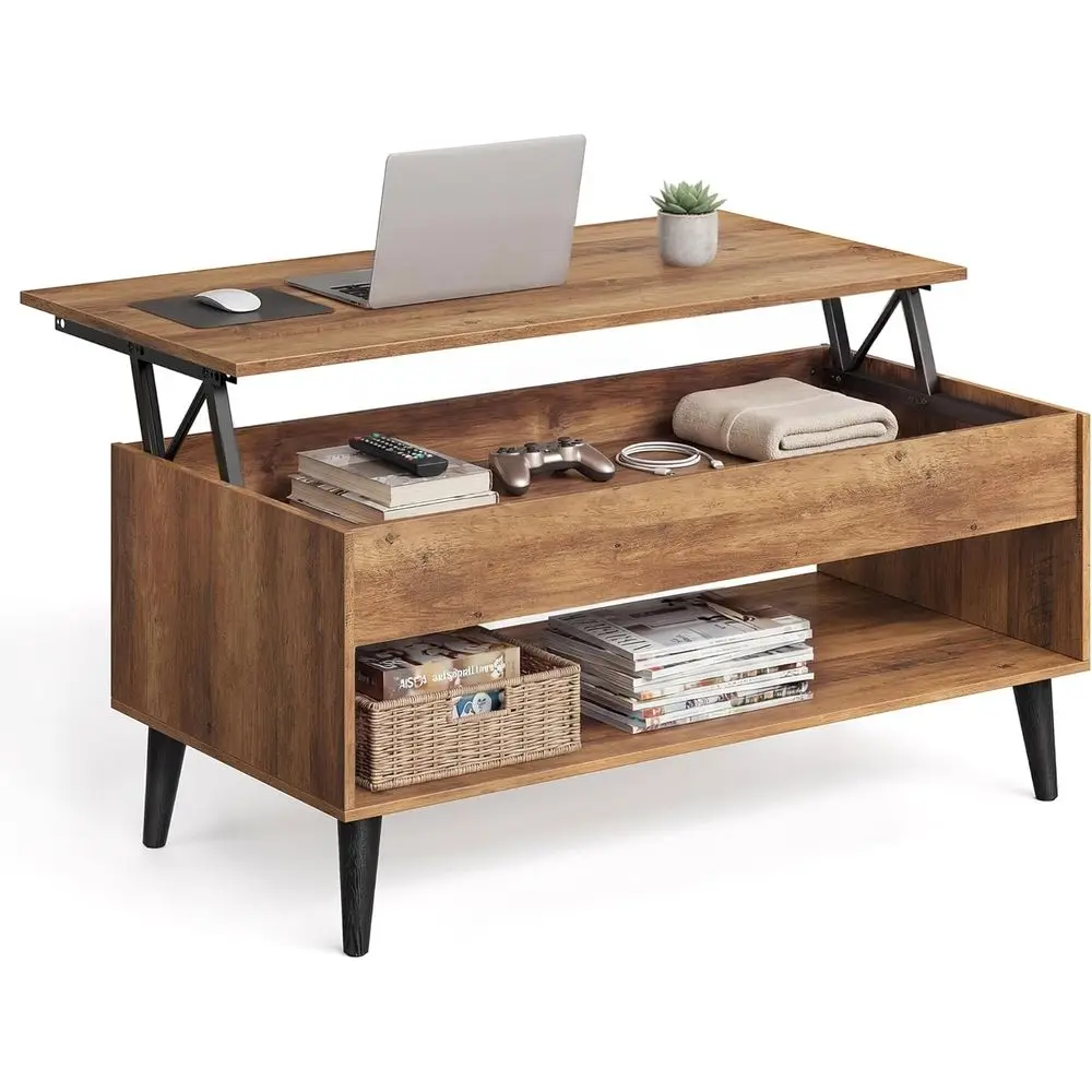 

Кофейный столик коричневого цвета с газовым подъемным механизмом, скрытым отсеком для хранения, открытыми полками, подходит для гостиной и домашнего офиса, ULCT2