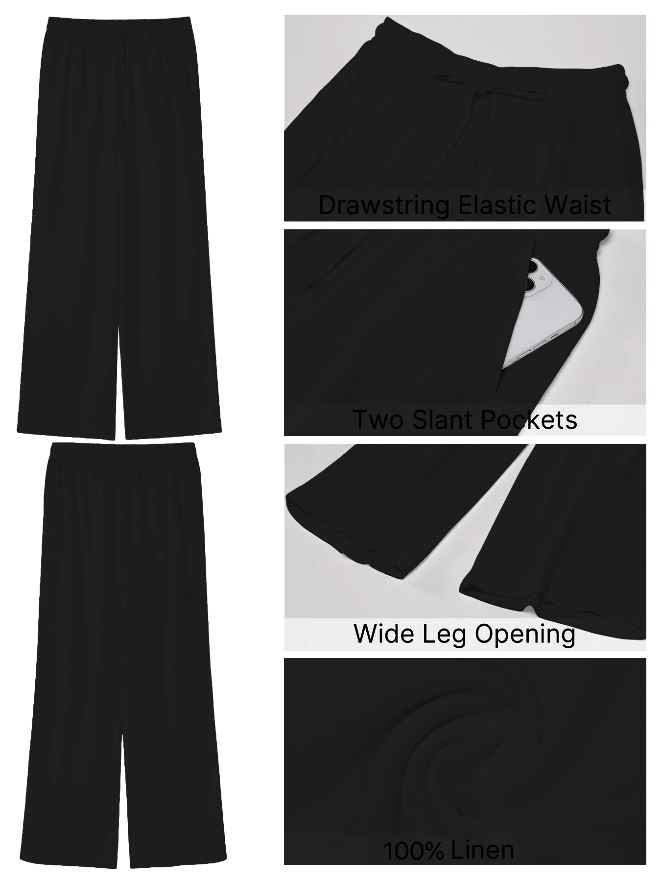 Einfarbige, lockere, weit geschnittene Hose für Damen, lässige, gerade Hose mit Kordelzug, lässige Hose mit Taschen, lockere Hose mit hoher Taille – Detail 6