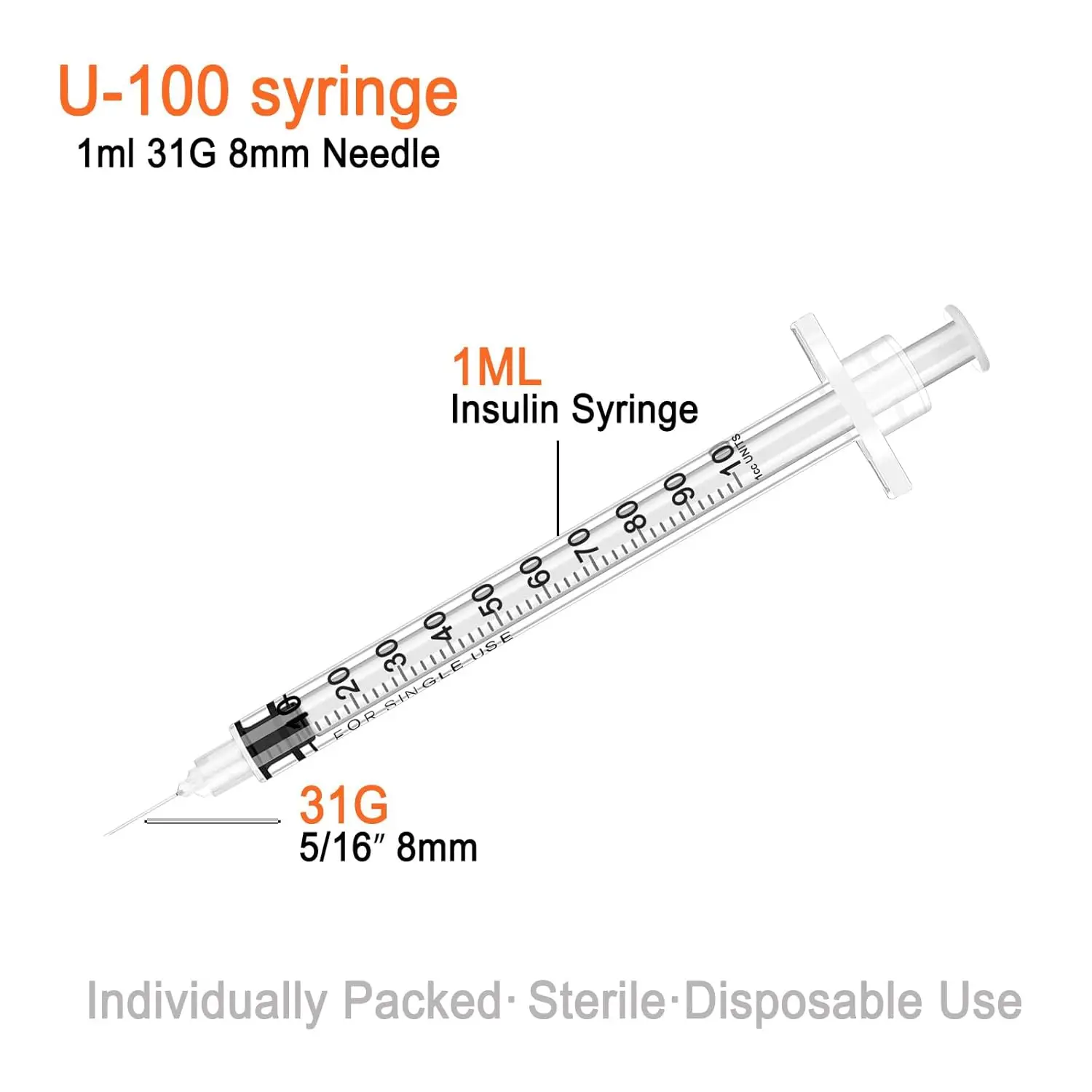 100PCS 1ml U-100 Insulin Syringe - 31G 8mm Needle for Pets, Birds, DIY - ✓Sterile ✓Disposable ✓Individually Sealed