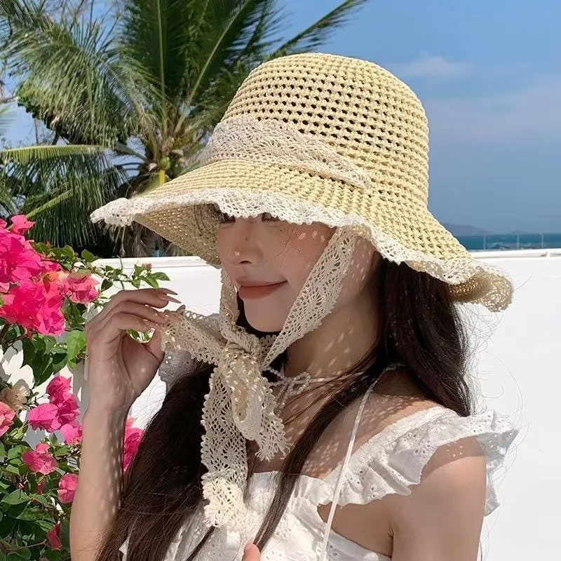 

Изготовленная на заказ шляпа с лентой и галстуком в пасторальном стиле, женская шляпа с полыми полями для летнего пляжного отдыха и отдыха