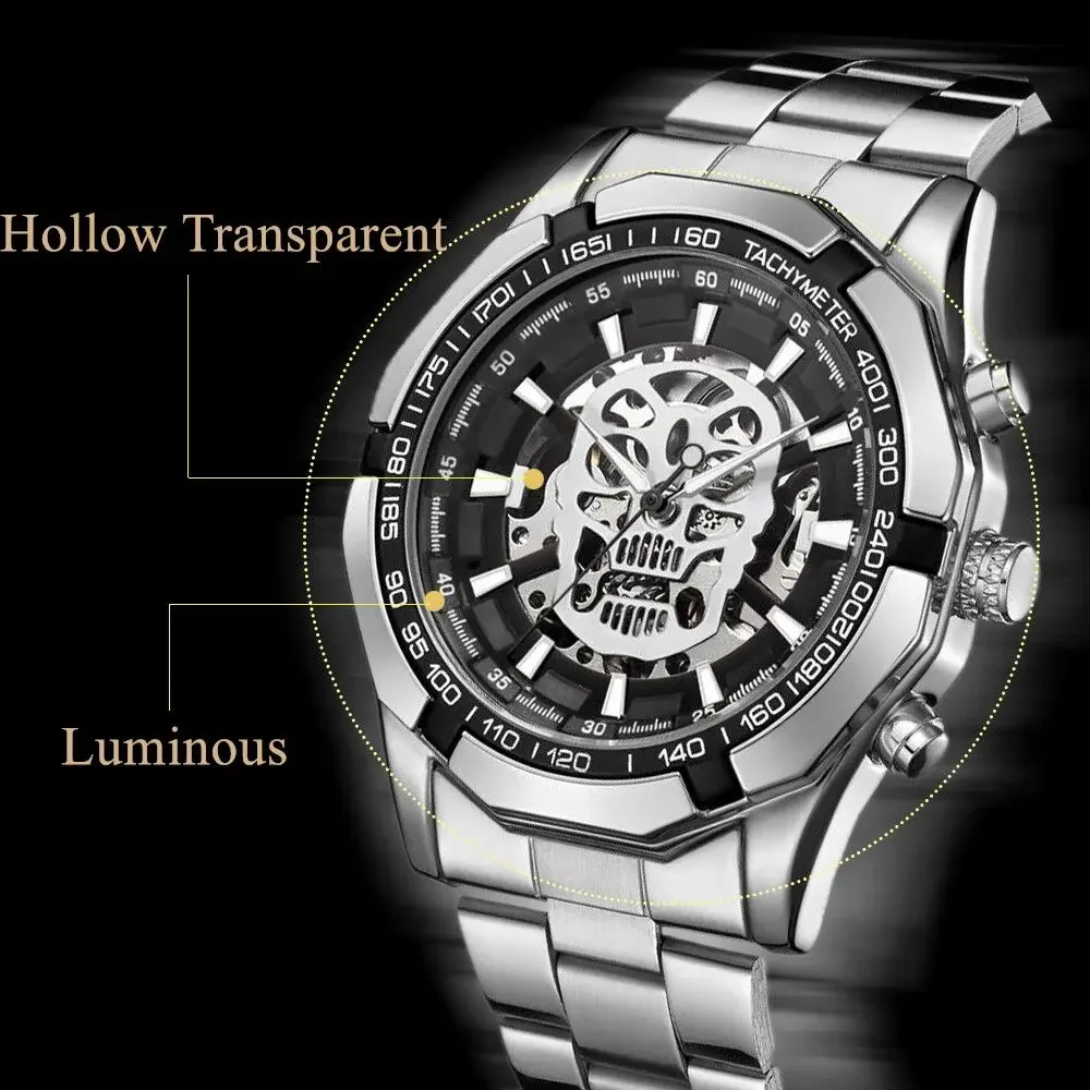 NEW WINNER Steampunk Skull Auto Mechanical Watch Men Silver Stainless Steel Strap Skeleton Dial Fashion Cool Design WristWatches